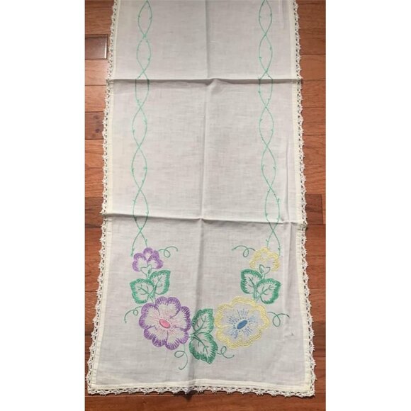 Embroidery Pink Purple and Yellow Flower Table Runner 15x46 Vintage - Picture 2 of 12